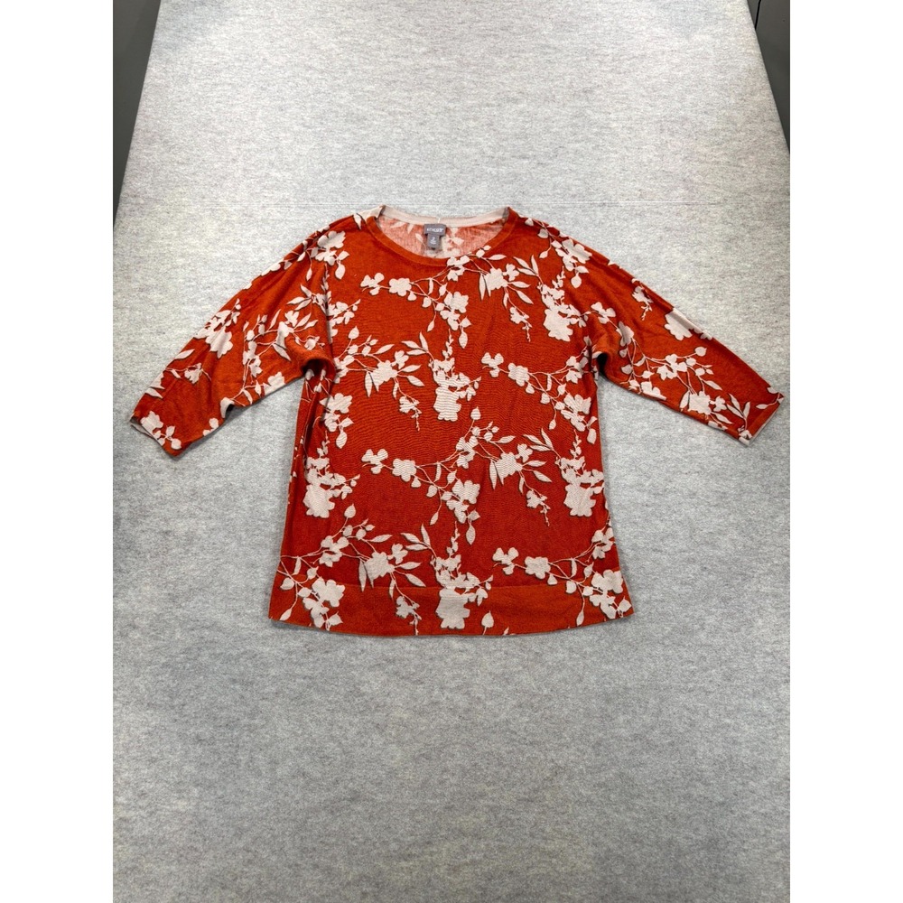 Chico's Sweater Womens 2 Orange Beige Rayon Floral Side Slit 3/4 Sleeve Pullover